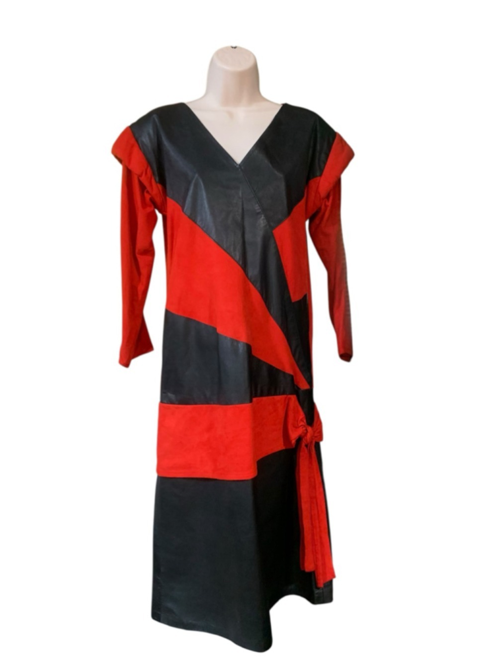 Vtg Erez Long Sleeve Colorblock Suede Leather Dress, Size M, Black Red